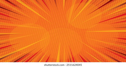 Bright orange-yellow gradient abstract background. Orange comic sunburst effect background with halftone. Suitable for templates, sales banners, events, ads, web, and pages