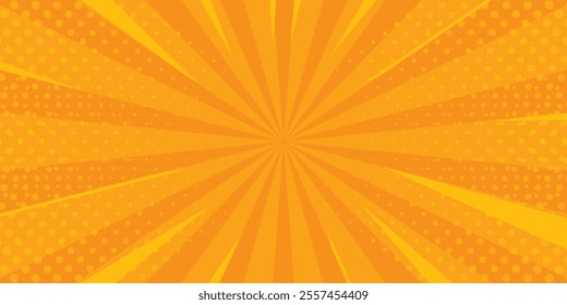 Bright orange-yellow gradient abstract background. Orange comic sunburst effect background with halftone. Suitable for templates, sales banners, events, ads, web, and pages