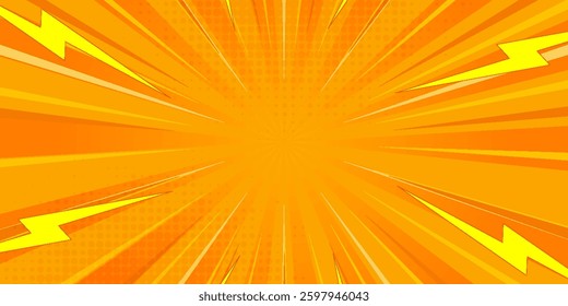 Bright orange-yellow gradient abstract background. Orange comic sun rays effect background with halftone. Suitable for templates, sale banners, events, ads, websites, flyers.