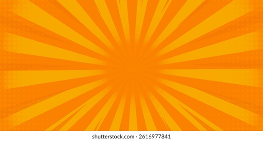 Bright orange-yellow gradient abstract background. Orange comic sunburst effect background with halftone. Suitable for templates, sales banners, events, ads, web, and pages