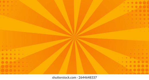 Bright orange-yellow gradient abstract background. Orange comic sunburst effect background with halftone. Suitable for templates, sales banners, events, ads, web, and pages