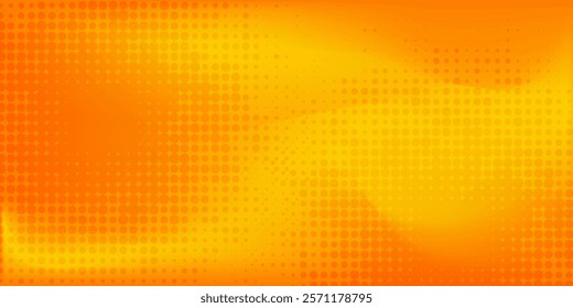 Bright orange-yellow gradient abstract fluid wave background with halftone, modern dynamic wallpaper. Suitable for templates, sales banners, business