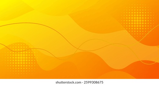 Bright orange-yellow gradient abstract fluid wave background with halftone, modern dynamic wallpaper. Suitable for templates, sales banners, business, ads, web and pages