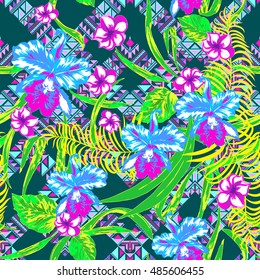 Bright orchid blossom flowers pattern. Vector Floral seamless background. 