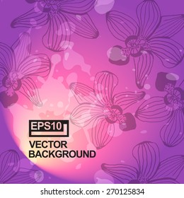 Bright orchid flowers in the contour drawing with grunge effect. Colorful vector background. Hand-drawn work.