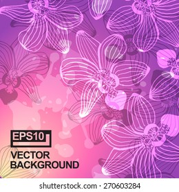 Bright orchid flowers in the contour drawing with grunge effect. Vector background. Hand-drawn work.