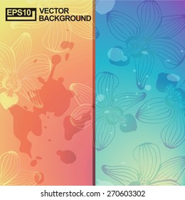 Bright orchid flowers in the contour drawing with grunge effect. Vector background. Hand-drawn work.