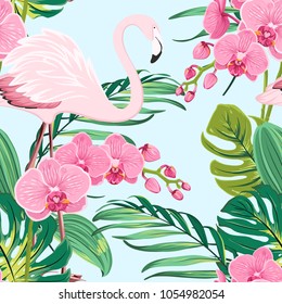 Bright orchid phalaenopsis flowers, exotic pink flamingo bird, tropical rainforest jungle tree palm mostera green leaves. Seamless pattern on light blue background. Vector design illustration.