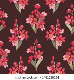 Bright orchid seamless pattern on brown background. Vector illustration, endless wallpaper