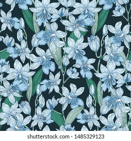 Color orquídea brillante en fondo azul oscuro. Ilustración vectorial, papel pintado interminable