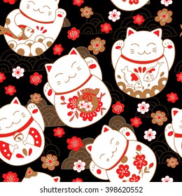 Bright oriental pattern with cats maneki neko, lucky charms, and sakura flowers. Vector illustration.