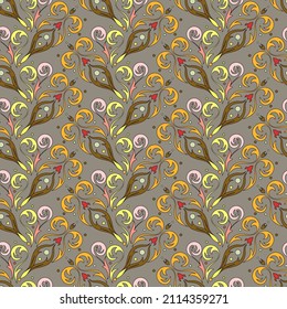 Bright oriental pattern in warm yellow and brown tones. Seamless lace background, curly floral elements with swirls. Ideal for presenting your holiday or advertising design.