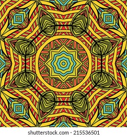 Bright oriental seamless pattern. Abstract stars and geometric elements on tribal Arabic ornament. Bright hot colors. Endless colorful ethnic background. Vector EPS8, elements are grouped by colors.