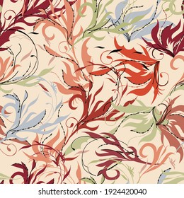 Bright oriental seamless pattern, multicolored tongues of flame. Tropical print for fabric.