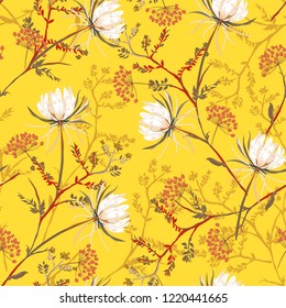  Bright oriental Seamless pattern of white soft and graceful blooming flowers,botanical vector design for fashion,fabric,wallpaper,and all prints on bright vivid yellow background 