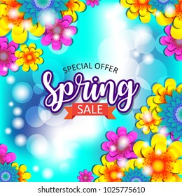 Bright Origami Spring Sale Flowers Banner. Paper cut Exotic Tropical Floral Greetings card. Spring blossom. Rectangle frame. Happy Women's Day. 8 March. Text. Seasonal holiday on blue. Trendy decor
