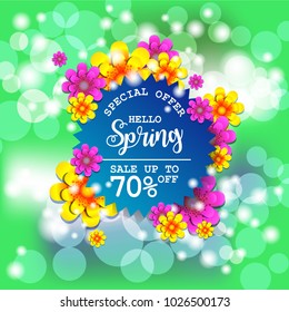 Bright Origami Spring Sale Flowers Banner. Paper cut Exotic Tropical Floral Greetings card. Spring blossom. Rectangle frame. Happy Women's Day. 8 March. Text. Seasonal holiday on blue. Trendy decor