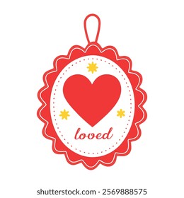 A bright ornament featuring a red heart and the word 'loved,' adorned with yellow stars.