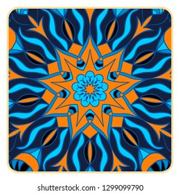 bright ornament with mandala, trendy pattern, stylish background, blue, yellow,