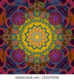 Bright ornament of mandalas in gray, blue and white colors. Seamless asian ethnic abstract retro doodle background pattern.