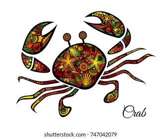 Bright ornamental crab isolated on white background. Vector illustration for baby template design.