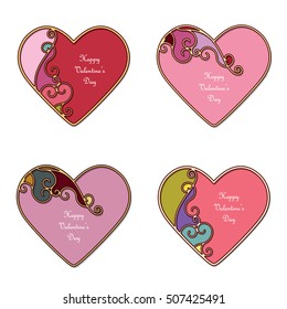 Bright ornamental hearts with place for text. Valentine's day templates set isolated on white. Stained glass design.
