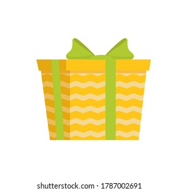 Bright ornamental present, box isolated on white background stock vector illustration. In yellow and green colours. Cartoon style.