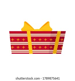 Presente ornamental brillante, caja aislada en ilustración vectorial de fondo blanco. En colores amarillos y rojos. Estilo de caricatura.