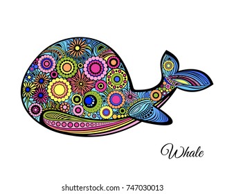 Bright ornamental whale isolated on white background. Vector illustration for baby template design.