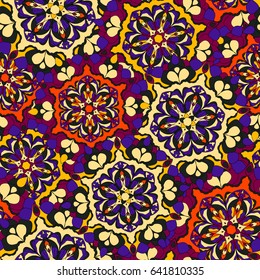 Bright ornate seamless pattern with abstract flowers, vector. Good for textile fabric design, backdrop, background, package design, wallpaper, wrapping paper, gadgets, decor surface and more