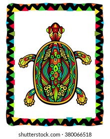 Bright ornate Turtle. Stylized amphibian with fancy shell and tribal border composition. Stained glass style improbable animal. Vector is EPS8.
