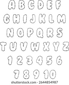 Bright outline funky cartoon alphabet letters and numbers icon set, back to school background, kids education design, black contour line
