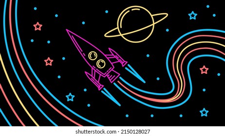 Bright outline rocket flies through the deep space among the planets. Neon retro illustration of traveling through the universe on black background.