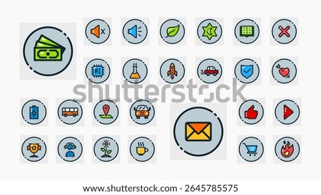 Bright outlined icons featuring finance, transportation, communication, and tech themes. Perfect for web, mobile apps, or infographics.