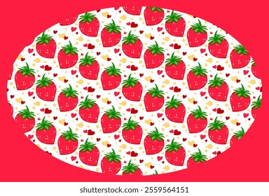 Bright oval label of ripe strawberries in diagonal rows. Vector drawing of juicy summer berry for the holiday menu. Color drawing for cover, store, restaurant, cafe, book, price tag