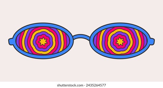 Bright oval sunglasses in a groovy style isolated on a light background. Vintage retro colors, acid star print on glass. Psychedelic vector doodle sticker, 70s, nostalgia, hippie.