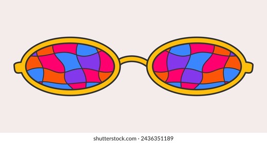 Bright oval sunglasses in a groovy style isolated on a light background. Vintage retro colors, check print on glass. Psychedelic vector doodle sticker, 70s, nostalgia, hippie.