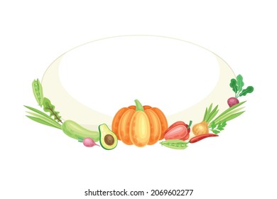 Bright Oval Vegetable Frame with Ripe and Fresh Garden Cultivar Vector Illustration