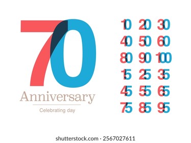 Bright overlapping red and blue typography for anniversary milestones ranging from 10 to 100 years. Stylish, modern design perfect for events or corporate branding. Vector illustration