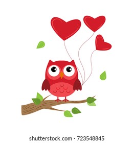 Bright owl on the tree with balloons, character