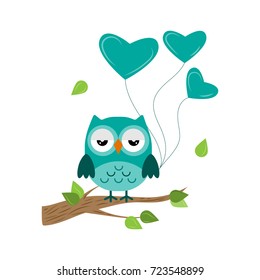 Bright owl on the tree with balloons, character