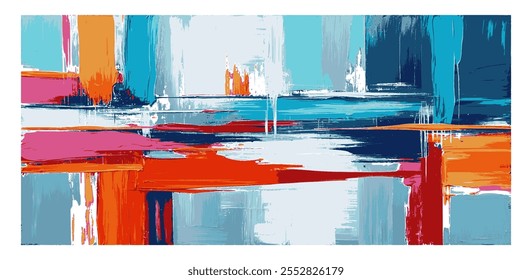 Pintura brilhante na arte da tela, moderno design de fundo abstrato. Pintura de pinceladas texturizadas ásperas, ilustração de vetor de vibração colorida