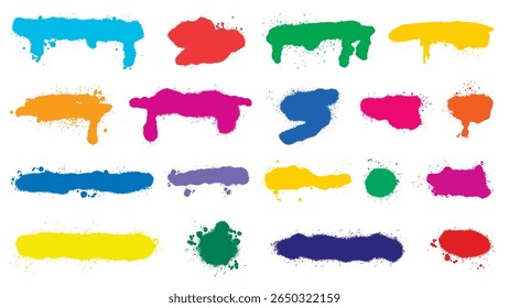 Bright paint stains spray set. Graffiti effect, spraying aerosol paint of different colors. Abstract shapes speckled blots. Vector element