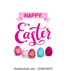 Bright painted Easter eggs isolated. Easter holiday background for design card, banner, ticket, leaflet, poster and so on. Template with space for text. Happy Easter lettering.