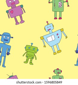 Bright painted funny robots. Seamless background. Beautiful yellow background. Doodle vector illustration. For decoration of textiles, Wallpaper and other items.