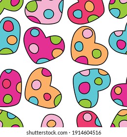 Bright painted hearts with polka dots. Seamless pattern for background, packaging, fabric.