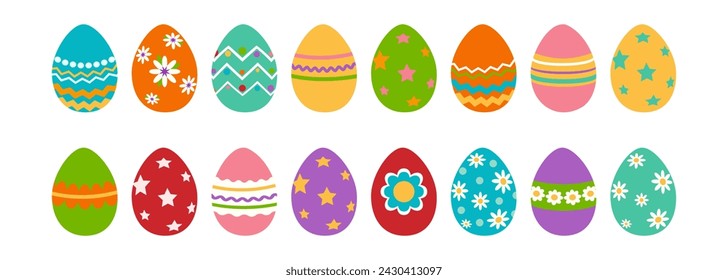 Huevos de Pascua aislados pintados brillantes. Juego de huevos. Dibujos animados estilo plano. Símbolos religiosos tradicionales de Pascua. Ilustración vectorial.