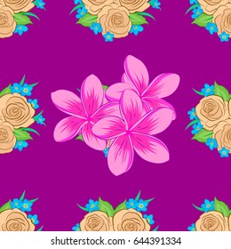 Bright painting inspired plumeria flower print. Vector seamless background. Beautiful watercolor plumeria flowers on a purple background.