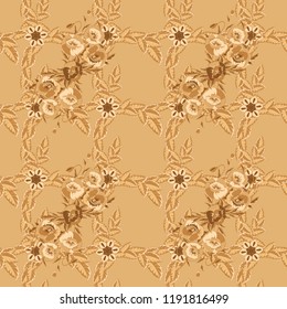 Bright painting inspired poppy flower print. Vector seamless background. Beautiful watercolor poppy flowers in brown, beige and orange colors.
