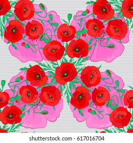 Bright painting inspired poppy flower print. Vector seamless background. Beautiful watercolor poppy flowers on a gray background.